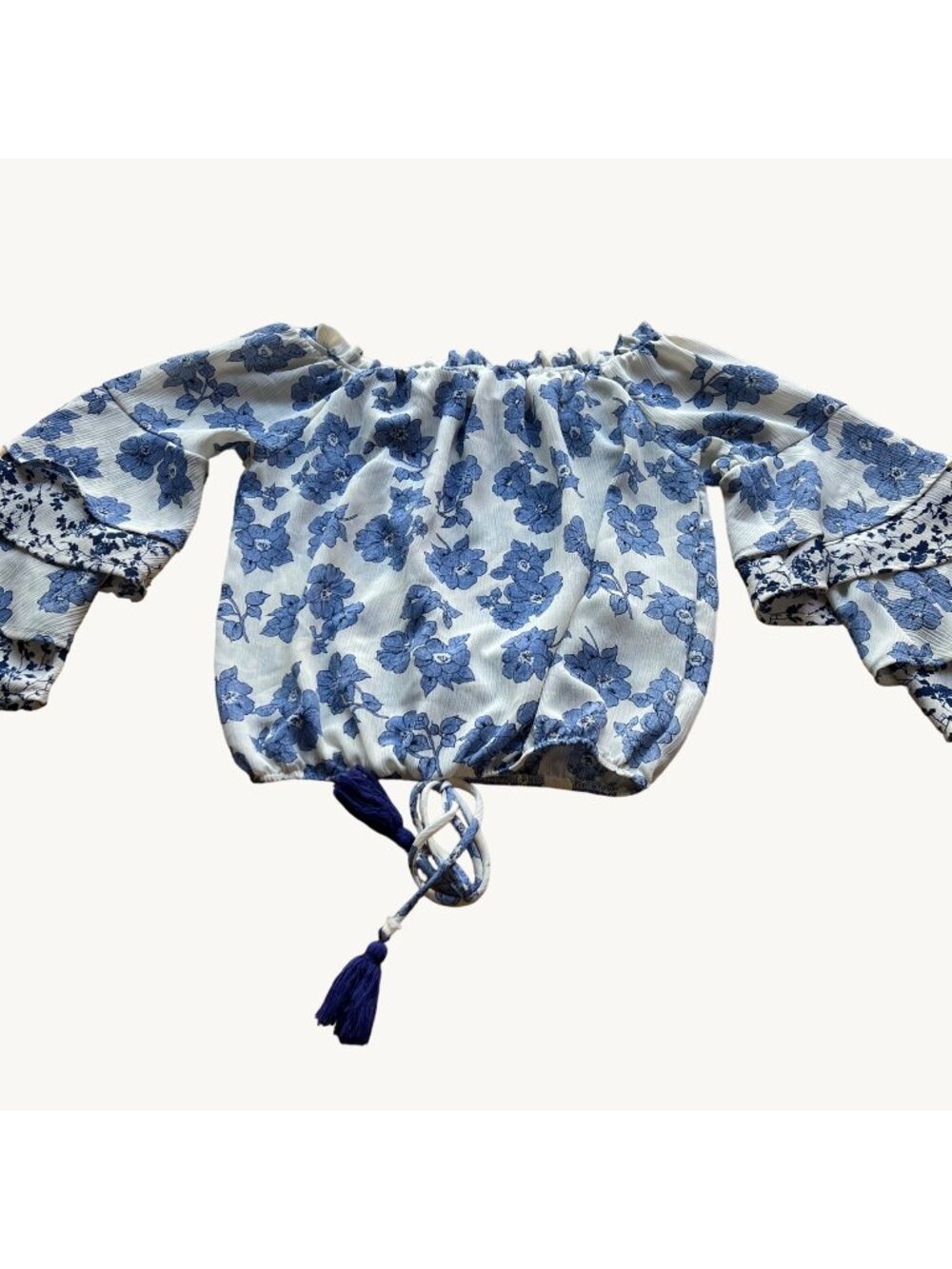 Floral Off Shoulder Bell Sleeve Boho Peasant Top Vintage Havana Sz S Blue White